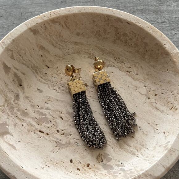 Louis Vuitton Damier Charlie Drop Tassel Chain Two Tone Brass Earrings Jewelry - Picture 8 of 8